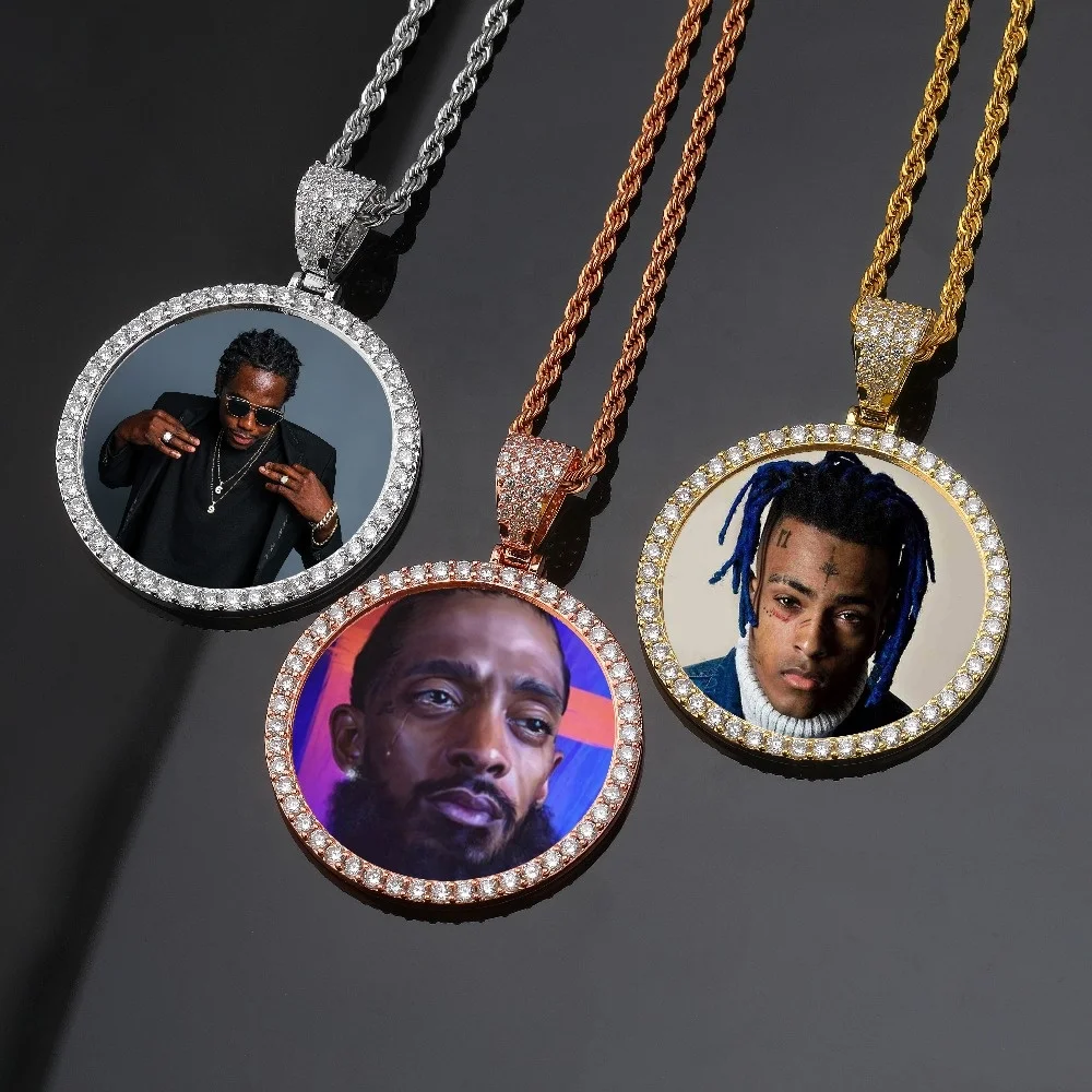 

2020 New Custom Ice Out Large Size Photo Round Pendant Necklaces With Rope Chains Bling Cubic Zirconia Hip Hop Jewelry Necklace, Color,silver,rose