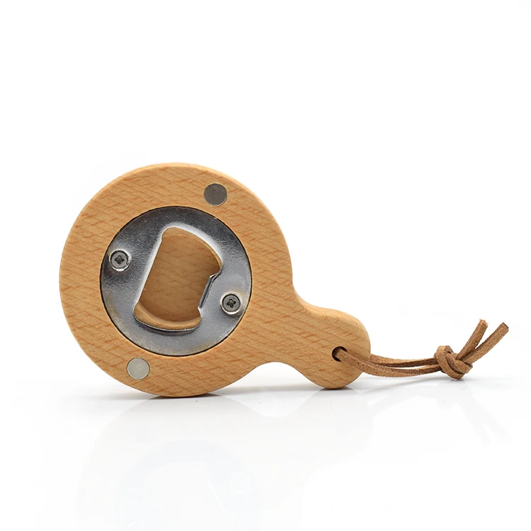 

Wholesale Custom Mini Round Handle Wooden Stainless Steel Bottle Opener Solid and Durable Beer Openers With Rope, Natural color