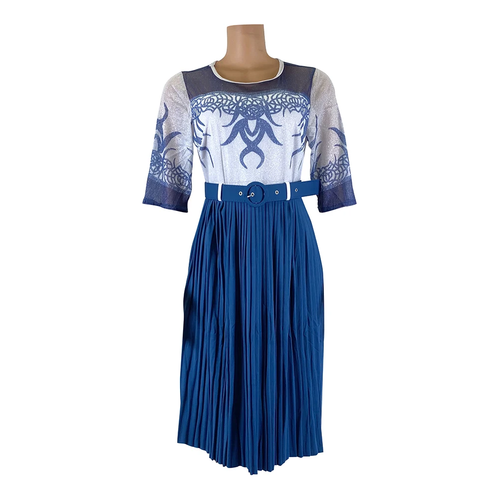 

African Women's Crew Neck Sleeve Printed Pleated A-line Dress Casual Dresses Clothing Woman Slim Fit, Party Dress Summer Woolen, Customized color