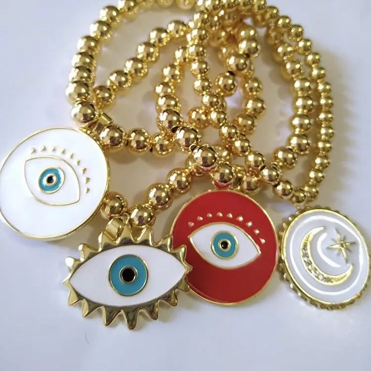 

LS-A1705 handmade women gold copper beads bracelet,cz micro pave enamel eye charm bracelet cheap jewelry