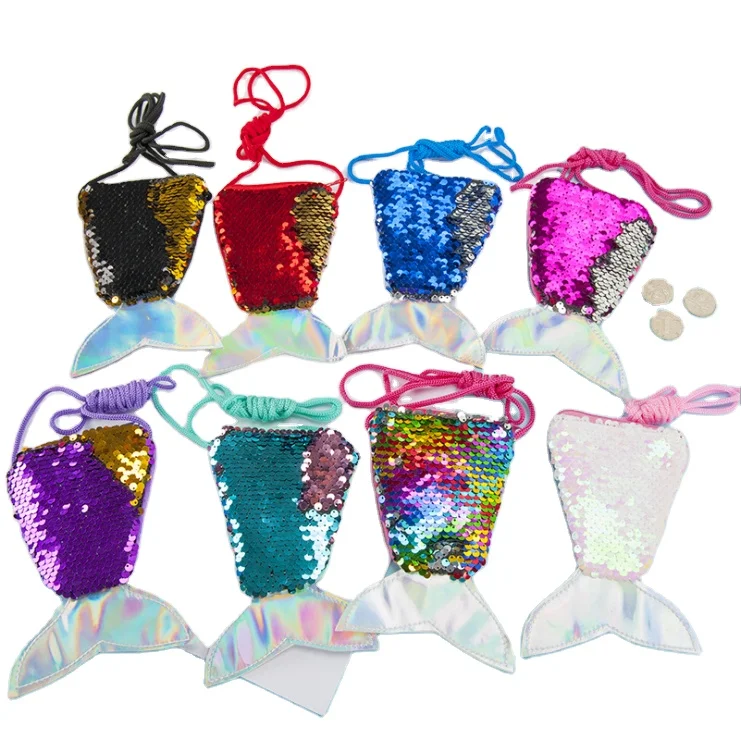 

Mermaid Tail Sequined Lanyard Girls Zero Purse Mini Children Diagonal Long Rope Coin Purse Designer Wallet, Picture