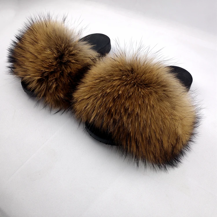 

Custom Fur Slide Women Fluffy Sliders Raccoon Fur Slippers, As picture, custom color is available