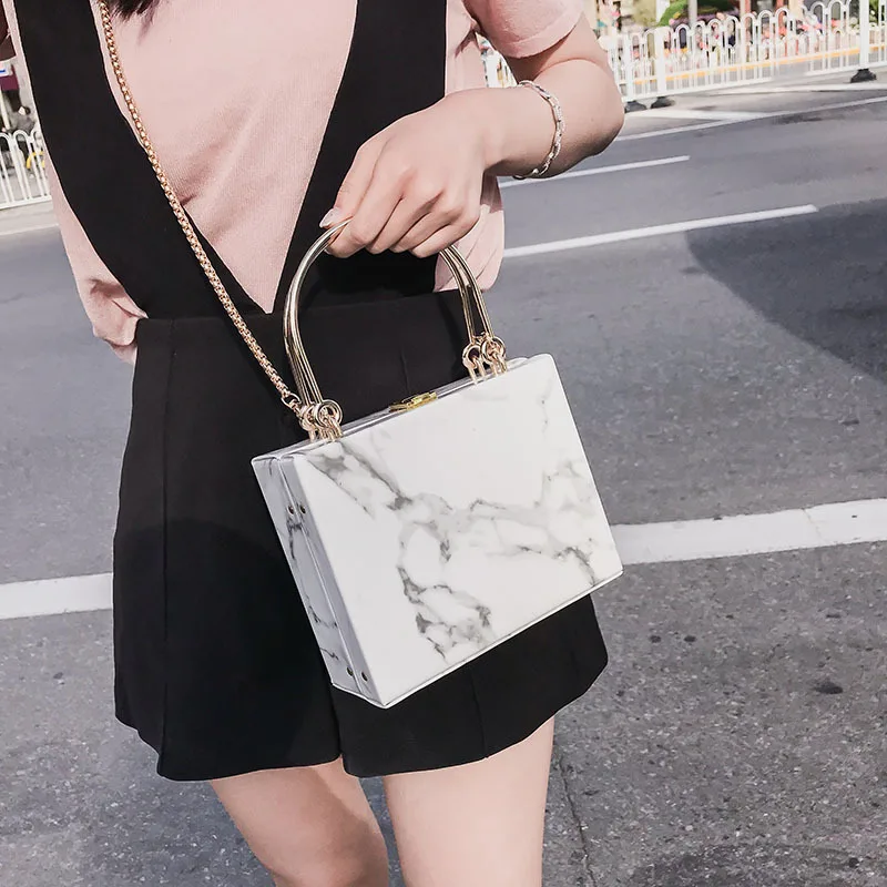 

Ins super fire box marble packaging handbags marble shoulder bags lock chain shoulder messenger bag, Accept customizable color