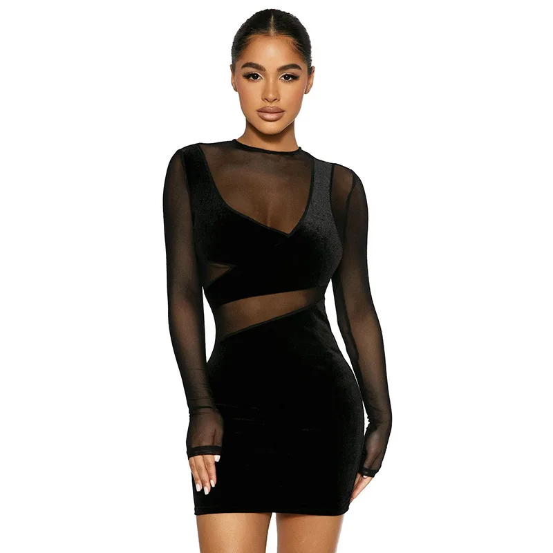 

Sexy Patchwork Velvet See Through Mini Dress for Women Bodycon Stretchy Slim Long Sleeves Dress Casual Streetwear