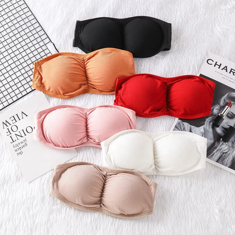 

Women Wireless Non-Slip Light Proof Side Buckle Strapless Tube Top Bra Seamless Ribbed Padded Bra Sports Bra, White/orange/cameo brown/pink/red/black