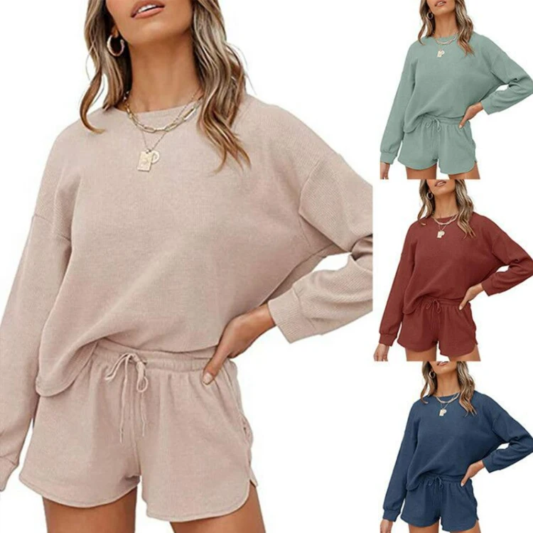 

Women's Long Sleeve Pajama Set Waffle Knit Tops and Shorts Sleepwear Loungewear