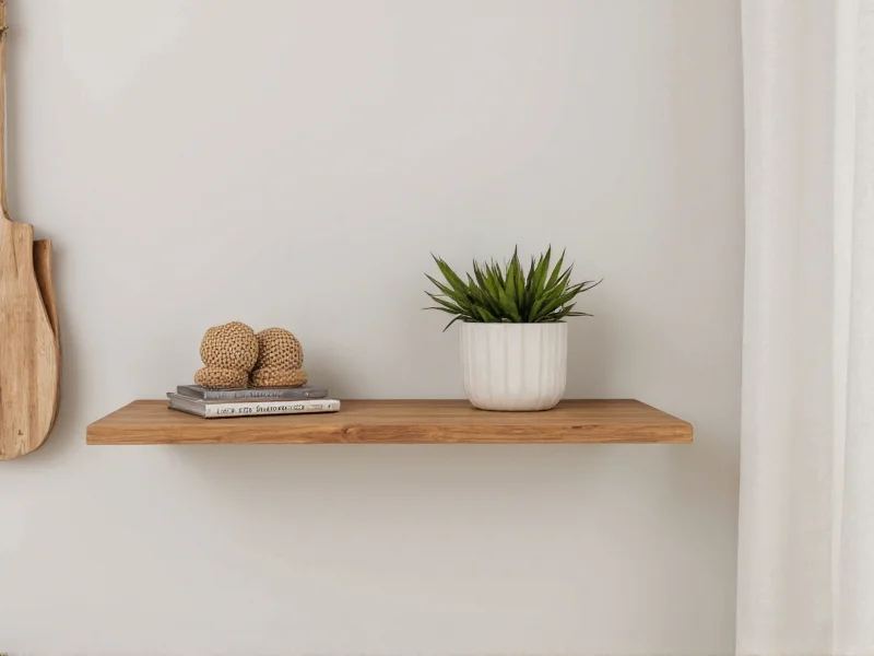 Floating wooden shelf mounted on living room wall