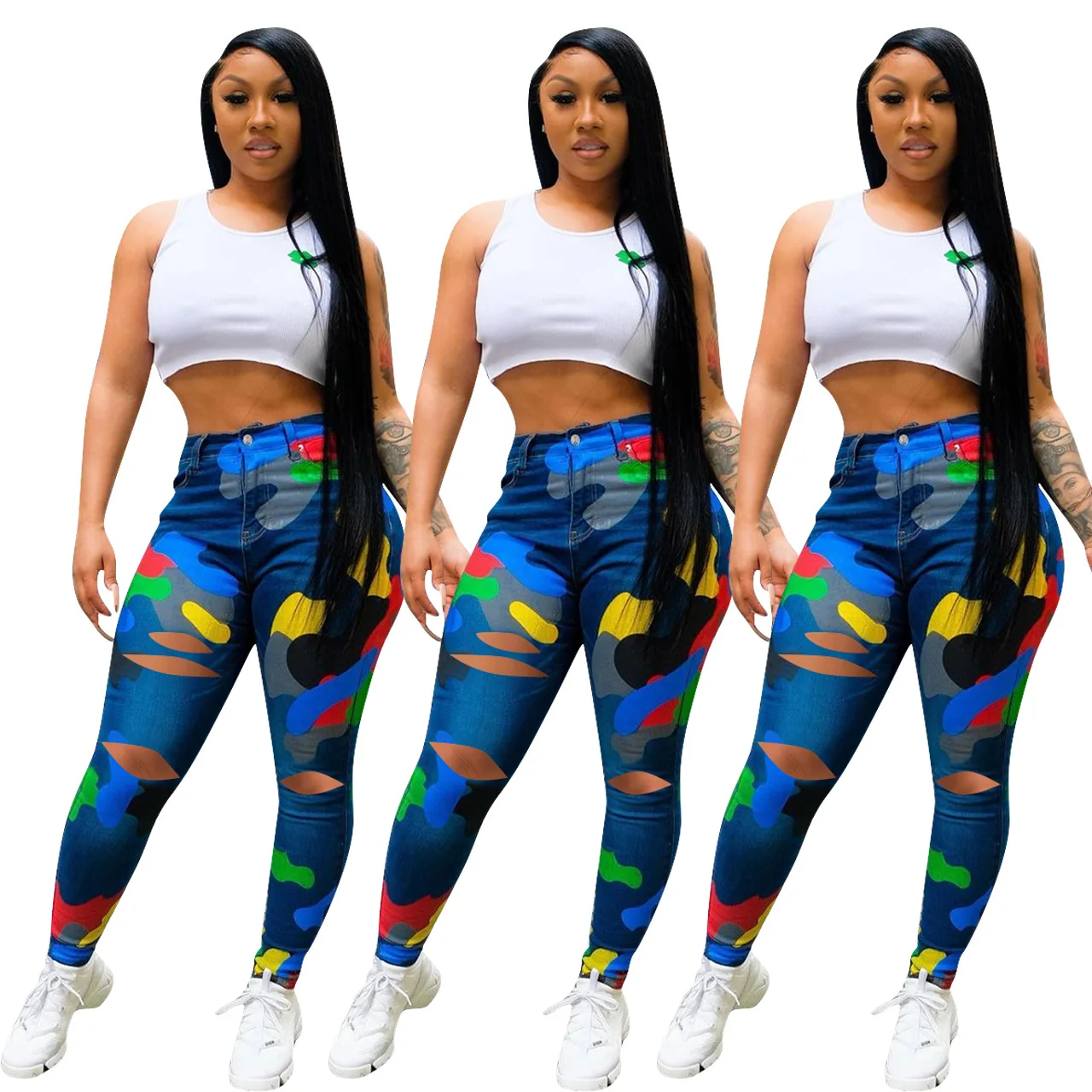 

New Fashion European and American Women's Clothing Hot Sale Ripped Color Printed Tight Trousers, Picture