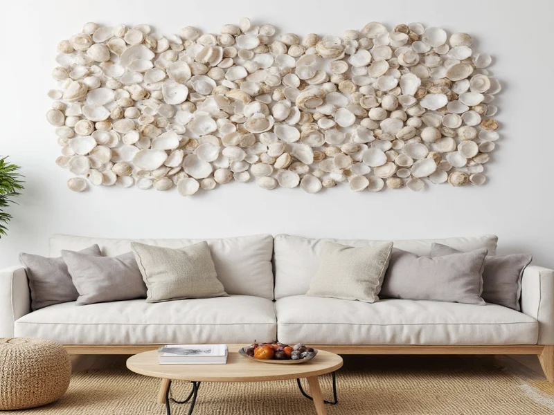 Oyster shell wall art installation in coastal living room