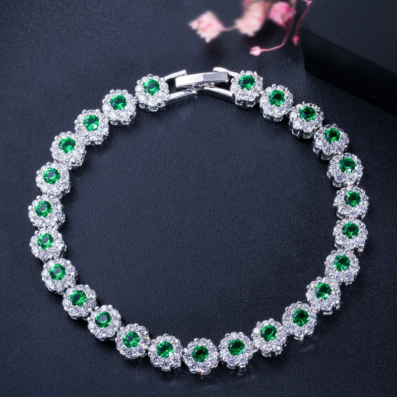 

New Arrival Austrian White Gold Color Flower Green CZ Zirconia Crystal Women Wedding Tennis Bracelets Bangles Jewelry Accessory