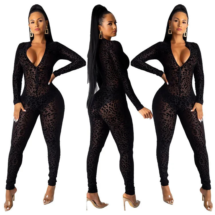 Hot Popular Jumpsuits Rompers Ladies Black Leopard Mesh Transparent Night Club Fashion Sexy Long  Women Bodysuit Jumpsuit