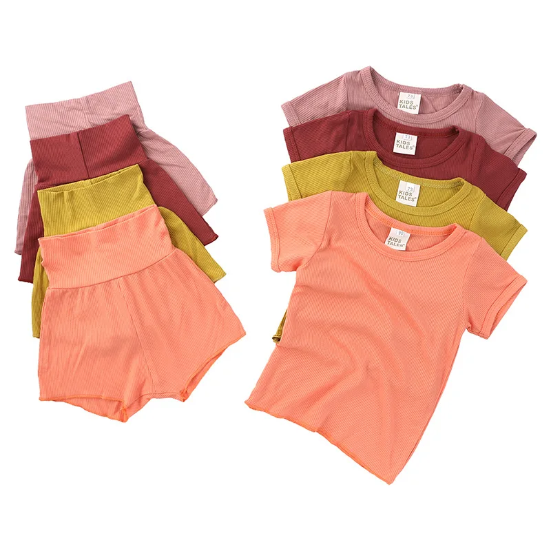 

Factory Price Baby Clothing Sets Pure Color Ribbed Cotton Short Sleeve Toddler Clothes Sets Baby Boy Girls Clothing