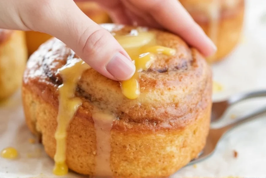 Step-by-step visual guide showing proper technique for drizzling cinnamon bun glaze with consistent ribbon pattern