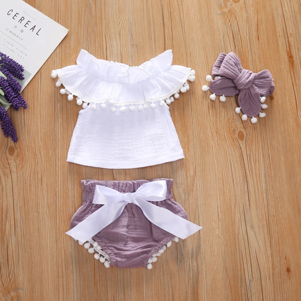 

Infant Baby Girl Summer Newborn Clothes Sleeveless Ruffles Solid Tops+tassels Shorts Headband Set Outfits