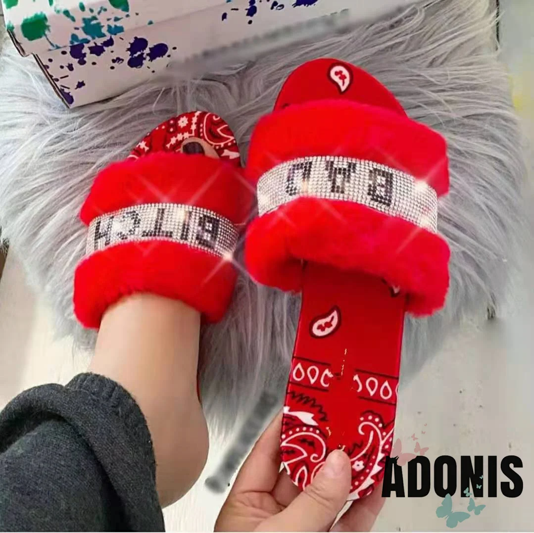 

2021 New Fashion Furry Shoes Women Flat Slippers Soft Fur Sandals Outdoor and Home Wear Casual Shoes, Black/blue/red