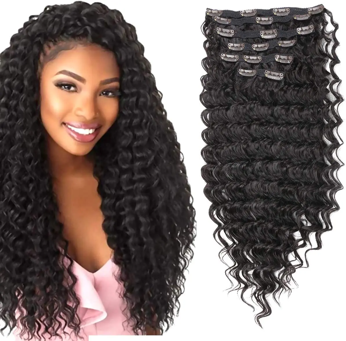 

7Pcs 16 Clips 24 Inch Wavy Curly Full Head Clip in on Double Weft Human Hair Clip In Extensions, Dark Black, 24 Inch