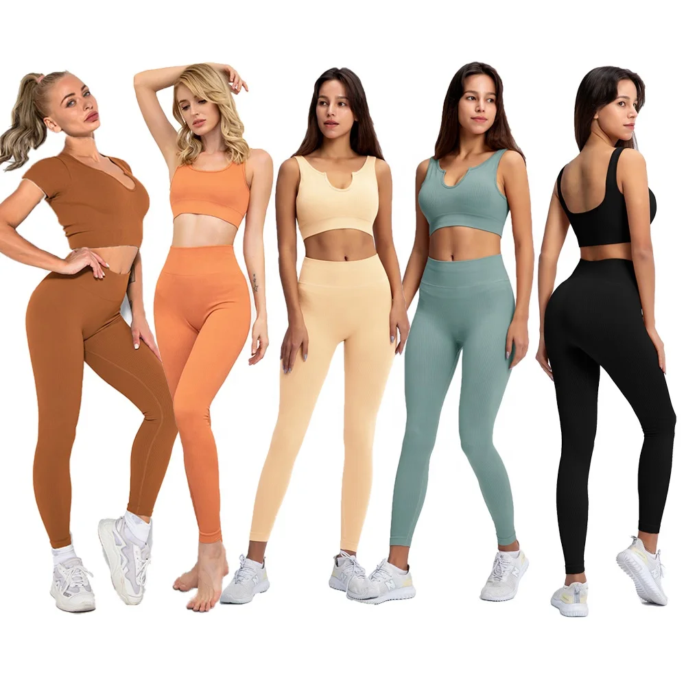 

Workout Exercise Outfits Gym Clothes Women 2 Piece Ribbed Seamless Yoga Set Sports Bra Crop Tank High Waist Yoga Leggings Set, As picture