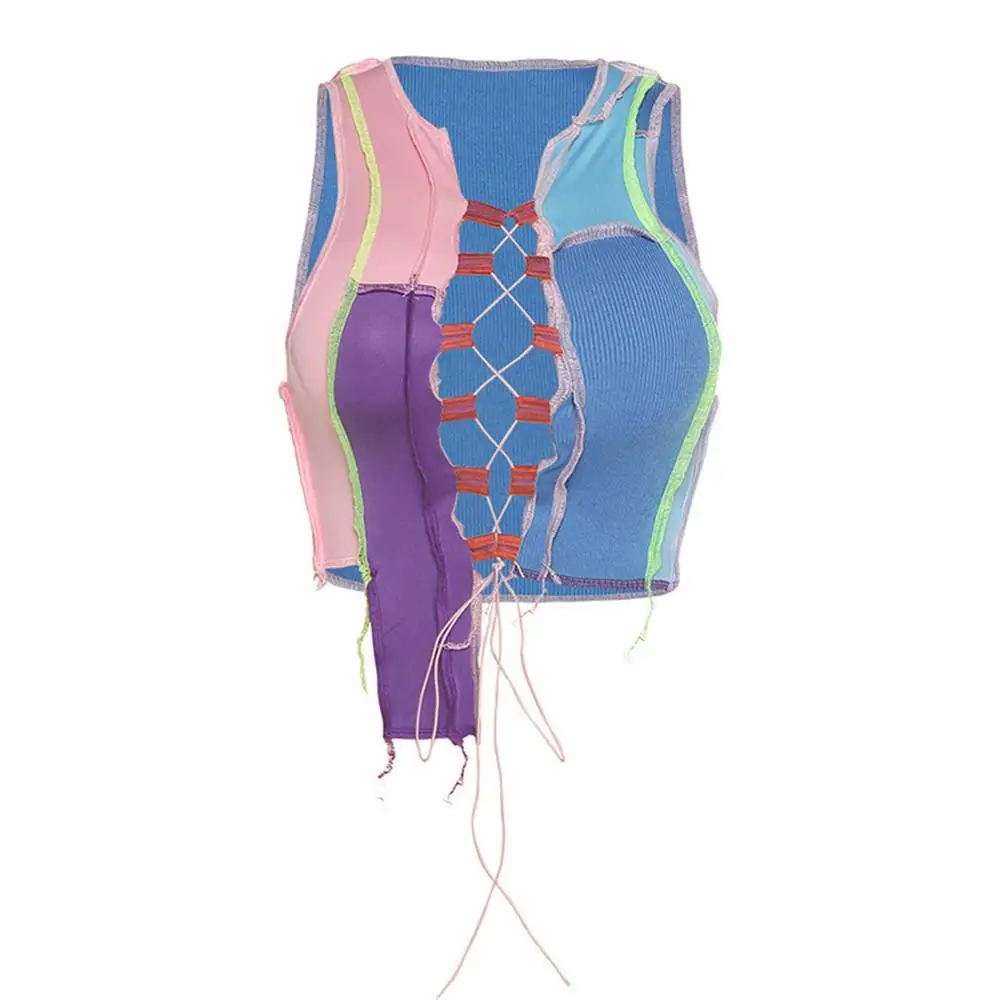 

women fashion new sleeveless patchwork strap crop top