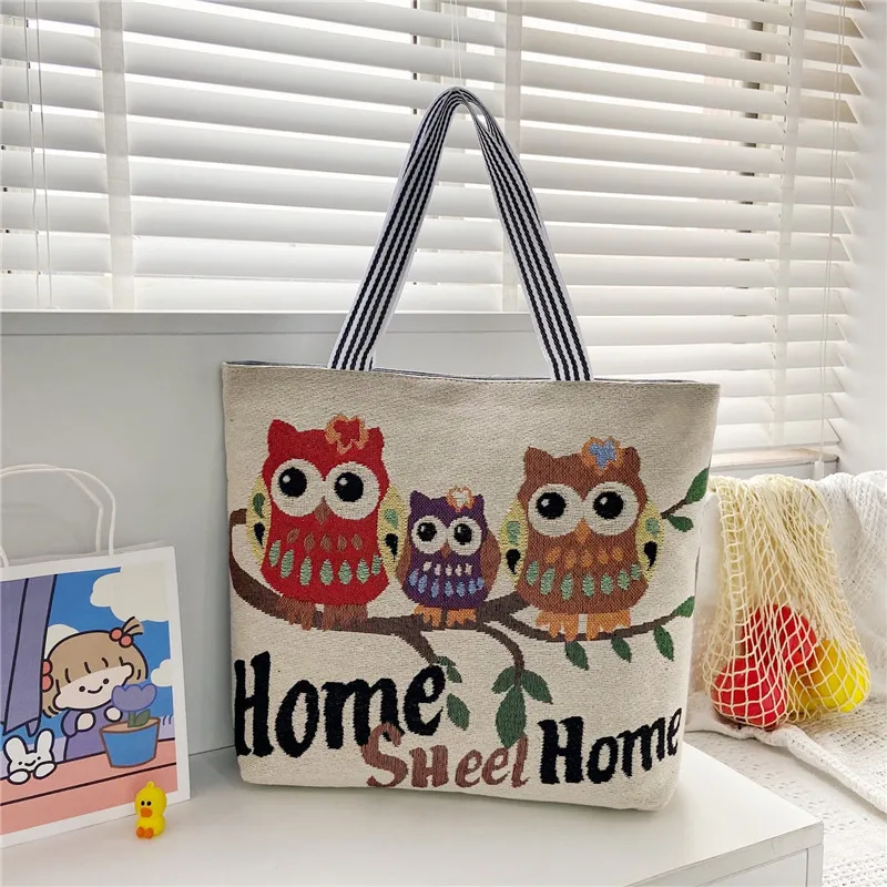 

Custom large capacity ethnic style single shoulder bag for women beach bags 2022 owl pattern tote bags, Customizable