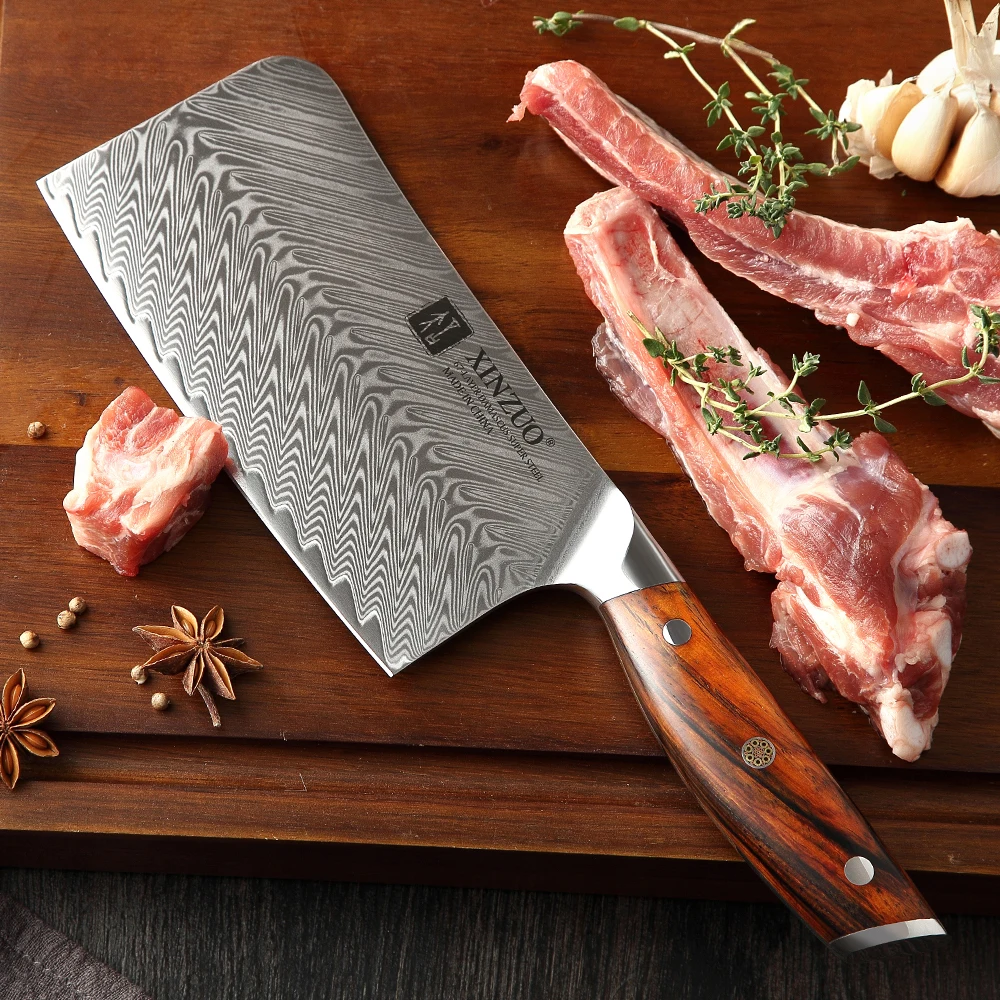 

XINZUO 7 Inch 56-58 HRC Premium Damascus Steel Kitchen Vegetable Bone Chopping Knife with Rosewood Handle