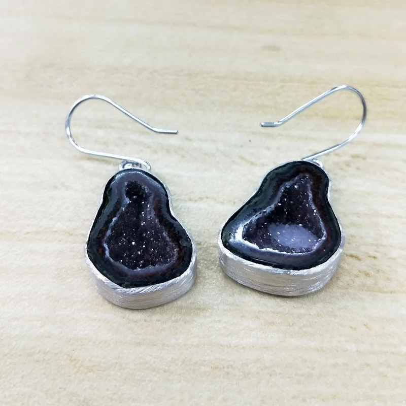 

Natural Crystal Quartz Stone Black Irregular Brazil Agate Geode Drop Earrings 925 Sterling Silver Jewelry for Women Men Jewelry, Black earrings