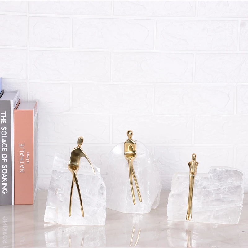 

NATURAL SELENITE STONE HOME DECOR ACCESSORIES BRASS STATUE LUXURY DESKTOP OBJECT WHOLESALE