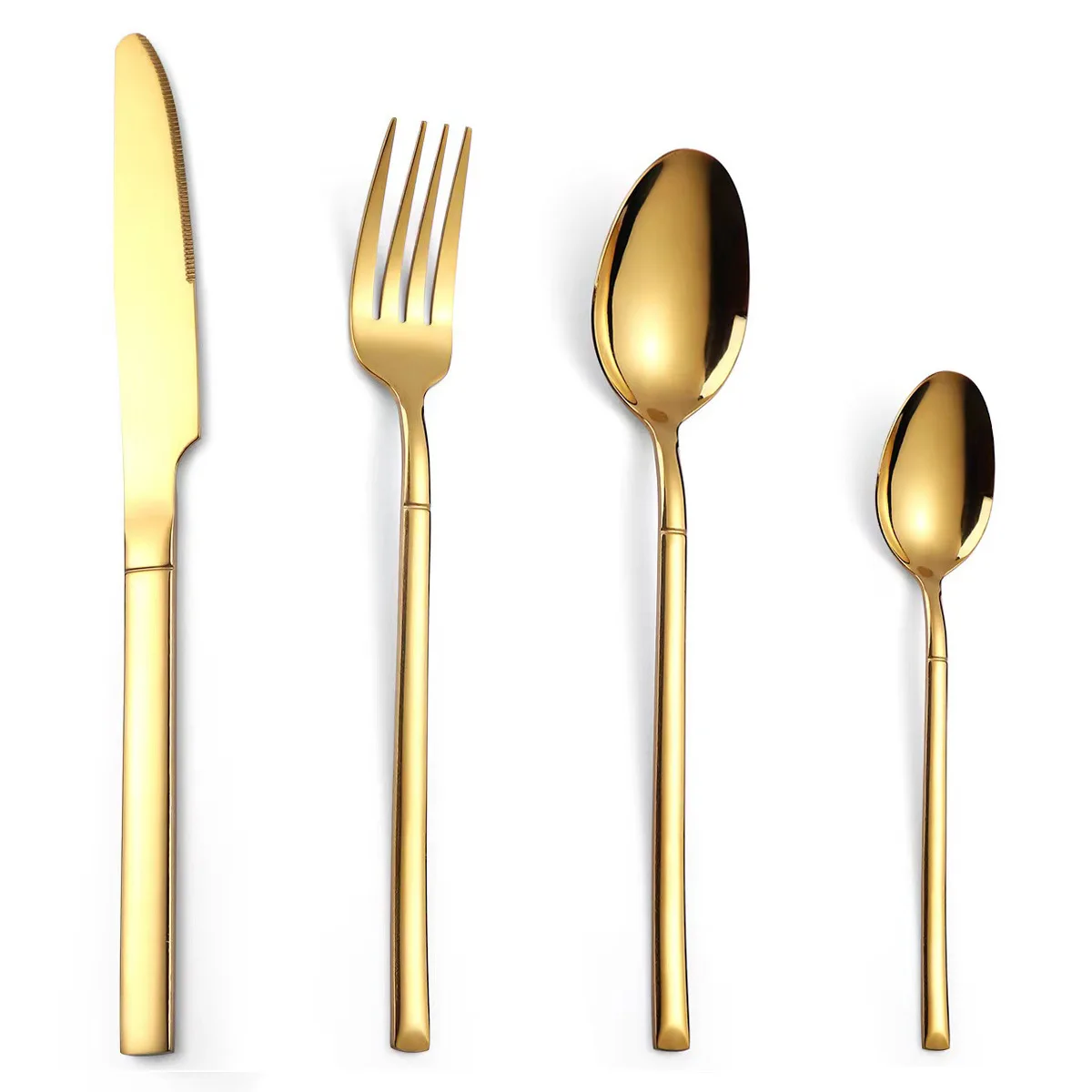 

4PCS Metal Flatware Stainless Steel 410 Steak Knife Fork Dinner Tea Spoon Set Gold Plated Cutlery Set