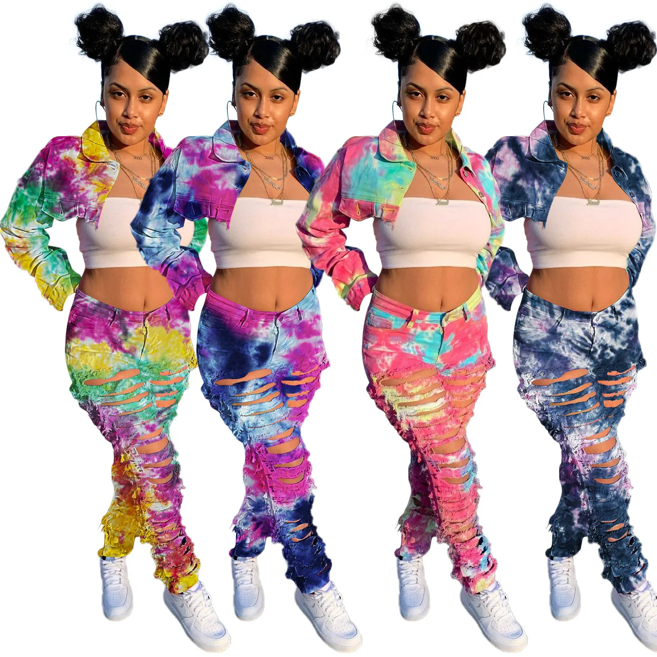 

ZM BS3876 Womens Fall Fashion 2021 Tie Dye Clothes Women Print Long Sleeve Sets Women Crop Top Two Piece Pants Set, Dark blue,yellow,green,pink