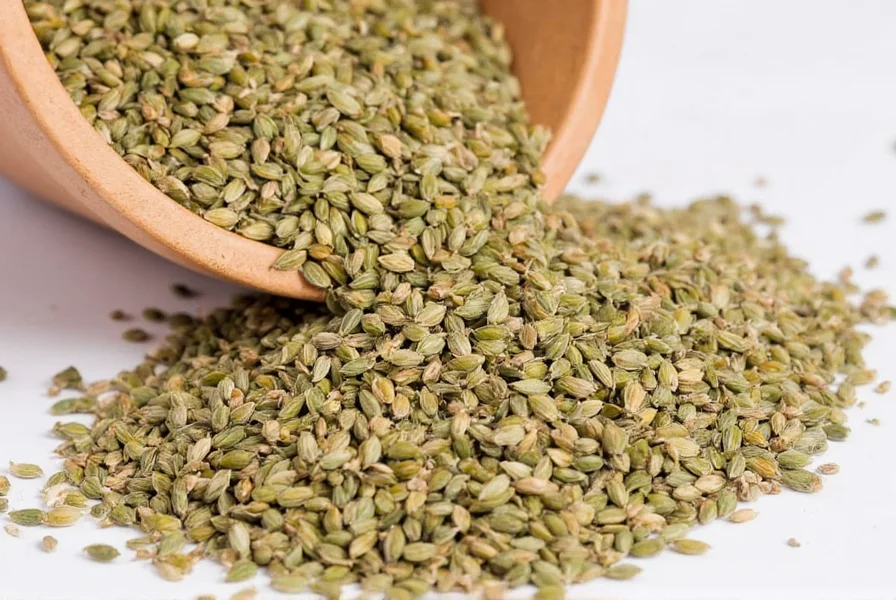 Close-up photograph of fennel seeds showing their crescent shape and greenish-brown color on a wooden cutting board