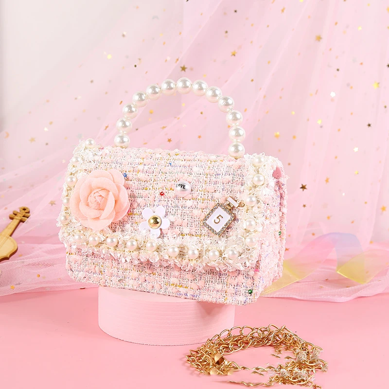 

2022 New Fashion Sweet Spink flower pearl Small Shoulder Crossbody Bags Pu Leather Mini Kids purses and handbags For Girls, 4 colors