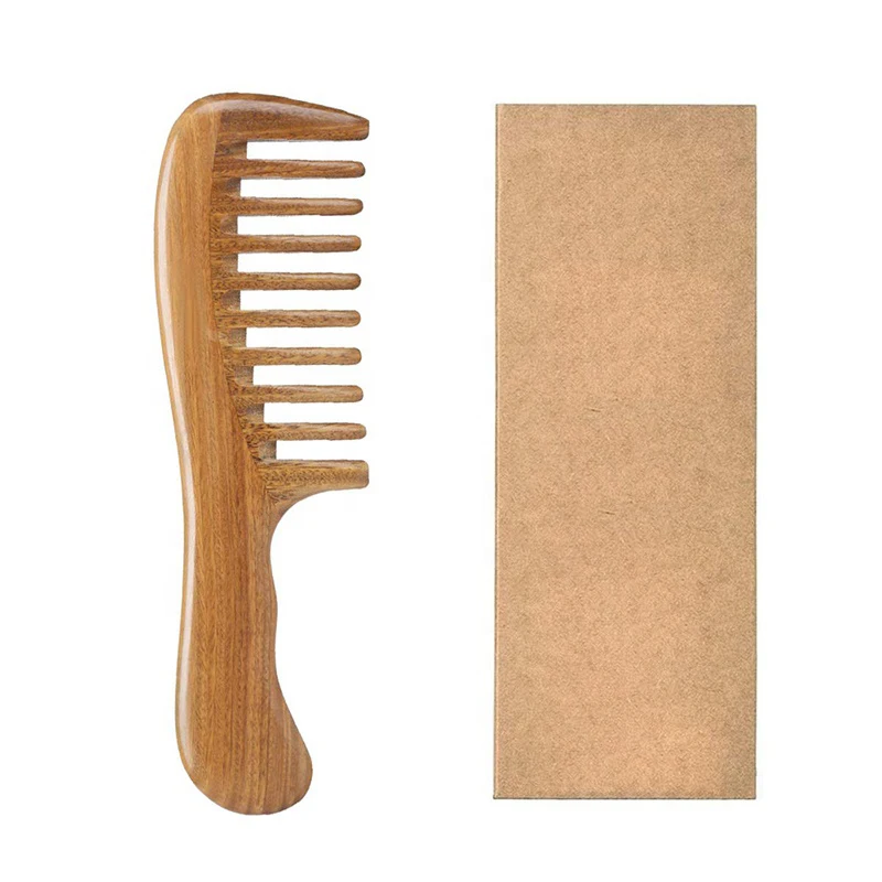 

Promotional Package High Quality Custom 100% Natural No Static Green Sandalwood Wide Tooth Detangling Hair Brush Wooden Comb, As shown