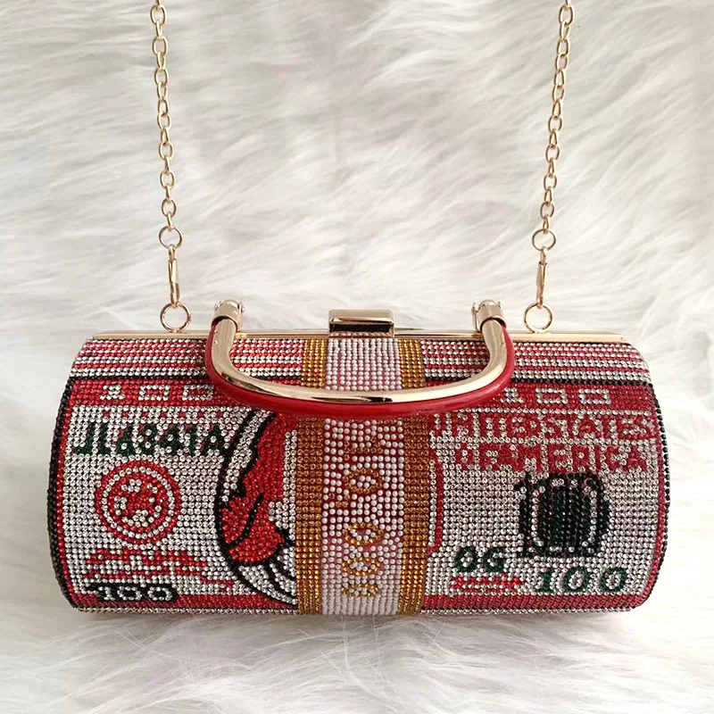 

New Design round $100 Dollars Crystal Money Bag Clutch Diamond Evening Bag Luxury Rhinestone Dollar Bag Clutch Purse, Red/blue/golden/grey/pink/multicolor