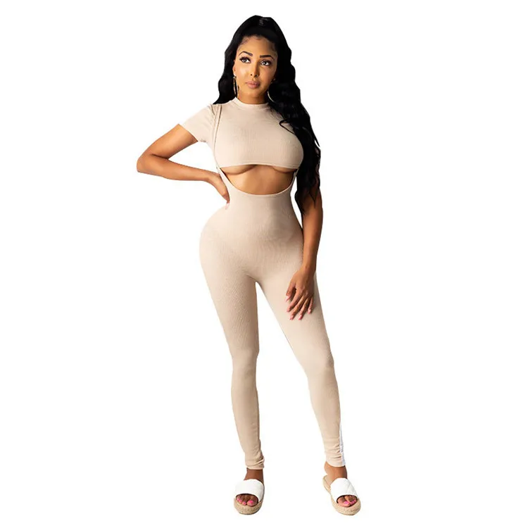 

Hot selling sling knitted jumpsuit women short sleeve long pants yoga bodysuit jumpsuit