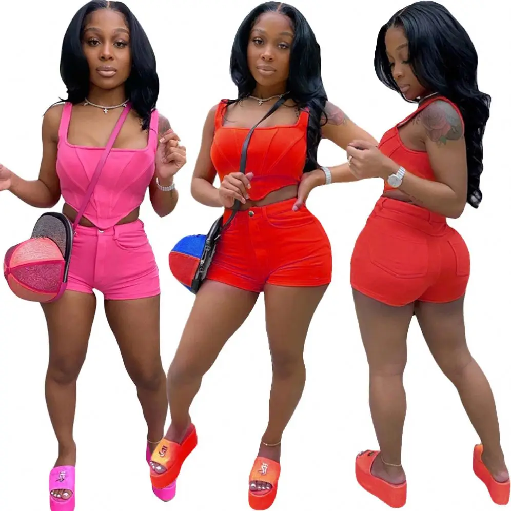 

wholesale summer fashion trendy women plus size 2 piece shorts set corset top