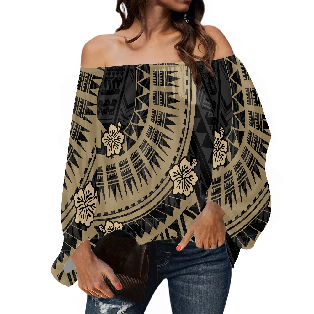 

2022 Puff Sleeve Blouse Samoan Plus Size Off Shoulder Tops Women Fall Polynesian Tribal Print Chiffon Top, Customized color/size/pattern