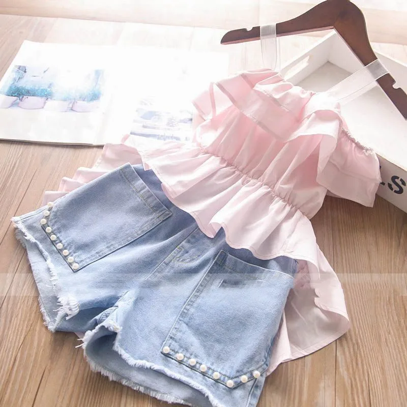 

Hot selling wholesale summer fashion casual cotton breathable top denim shorts girls suit, Picture color
