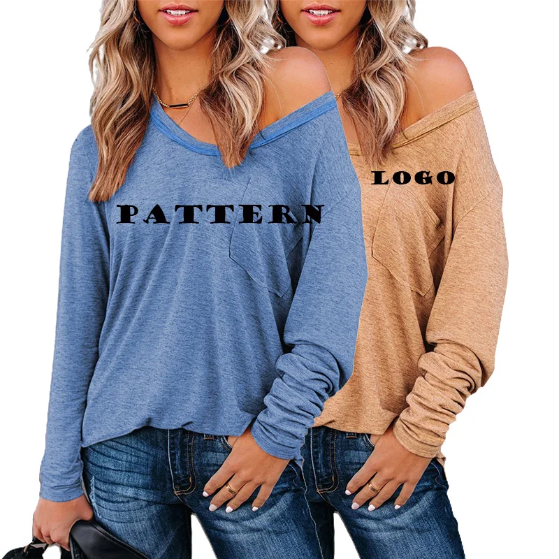 

2021 High Quality Custom Logo Pattern Printing Solid Color V Neck Women Long Sleeve Shirt With Pockets