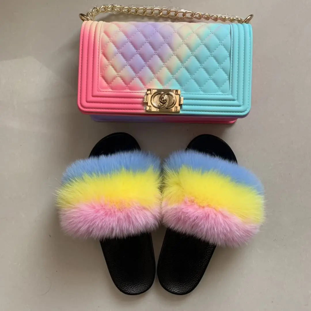 

Luxury style women's fur flat shoes fox fur slippers fur slide with purse Set, Photo