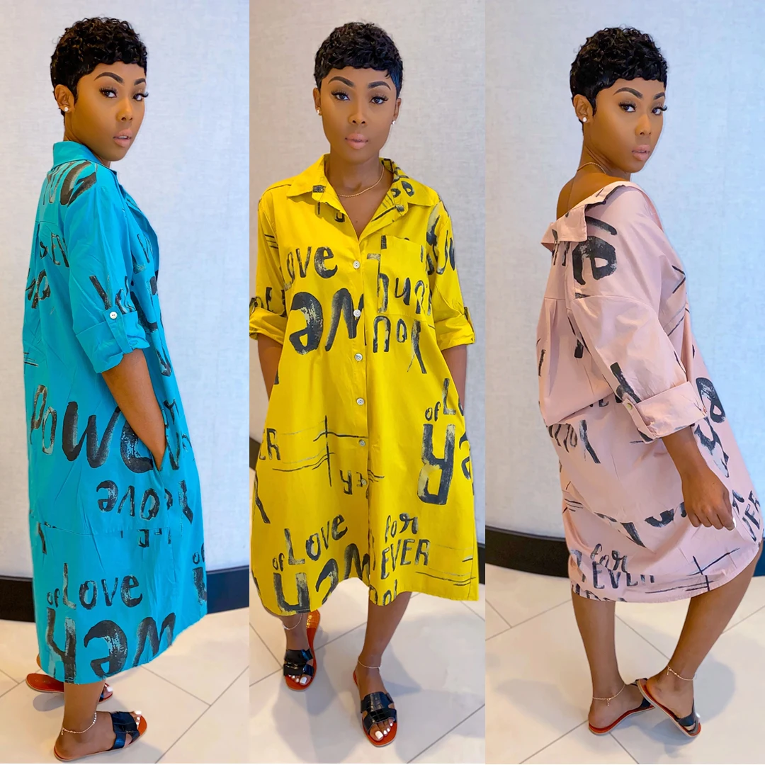 

2020 summer Amazon eBay European and American printed shirt dress, 3 colors