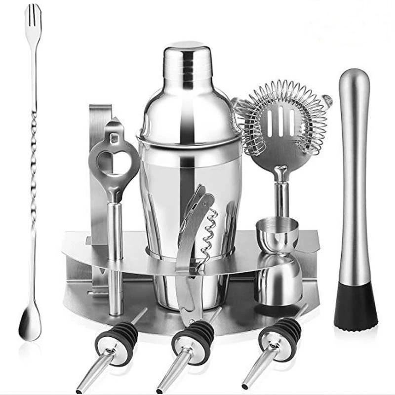 

Factory direct 11-piece cocktail shaker set with stainless steel base bartender kit bar supplies, Stainless steel silver