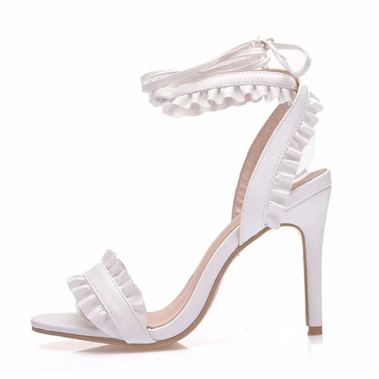 

9cm white lace-up high heel ruffled edge lace-up Roman large size fine heel fish mouth sandals