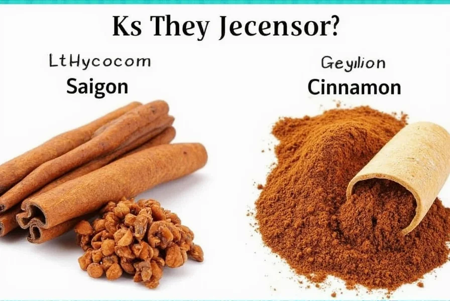 Chef measuring Saigon cinnamon into one bowl and Ceylon cinnamon into another with various baking ingredients surrounding them