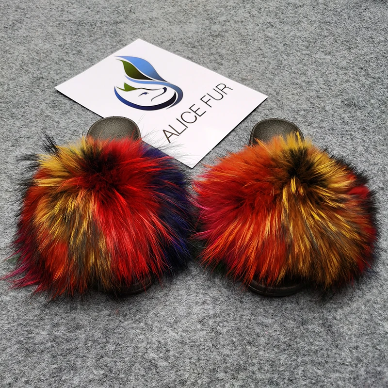 

ALICEFUR Wholesale raccoon fur slides colorful raccoon fur slippers