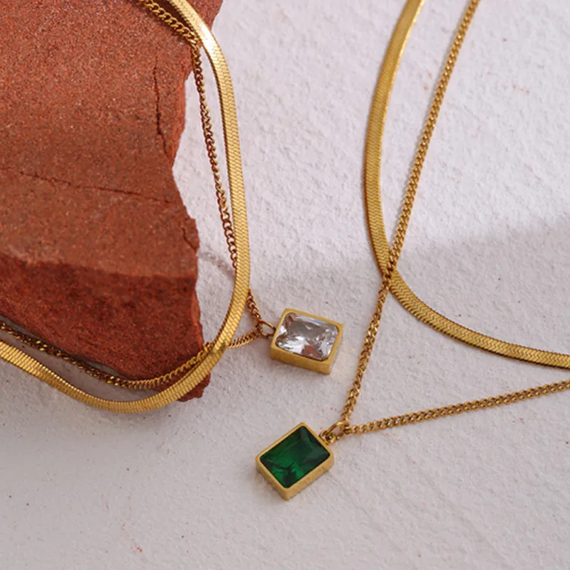 

316L Stainless Steel Flat Snake Chain Necklace Women Adjustable Layered Chains Square Emerald Cubic Zircon Necklace