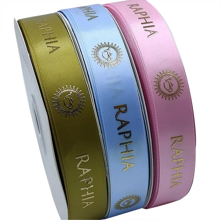 

3D embossed custom gift packing printed gold foil satin ribbon, Pink
