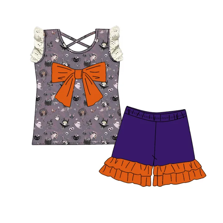 

Customized Halloween Toddler Girls Clothing Set Popular Pumpkin Face Applique Girls Boutique