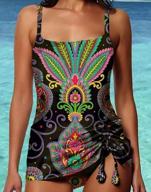 

Retro Printed Tassel Asymmetrical Drawstring Sling One-piece Swimsuit, Picture color