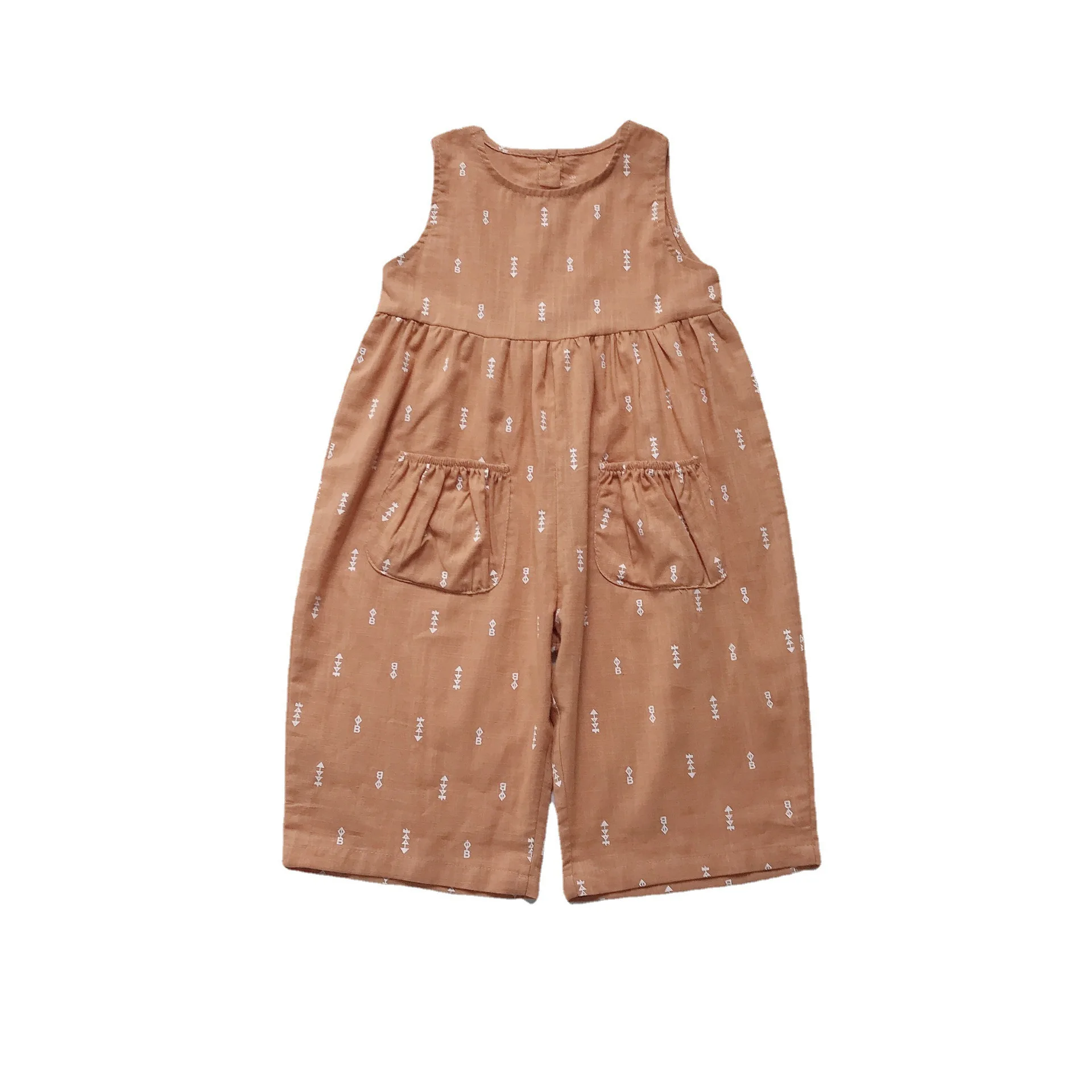 

summer Children Casual Muslin Cotton Button sleeveless Kids printed rompers jumpsuit, Picture shows