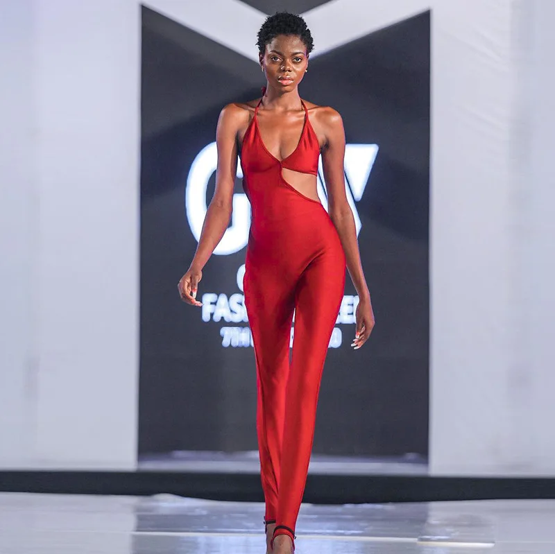 

Solid Color Backless Sleeveless Hollow Out V Neck Halter Jumpsuit For Women Sexy Jumpsuits Club Wear -PT, Black,red