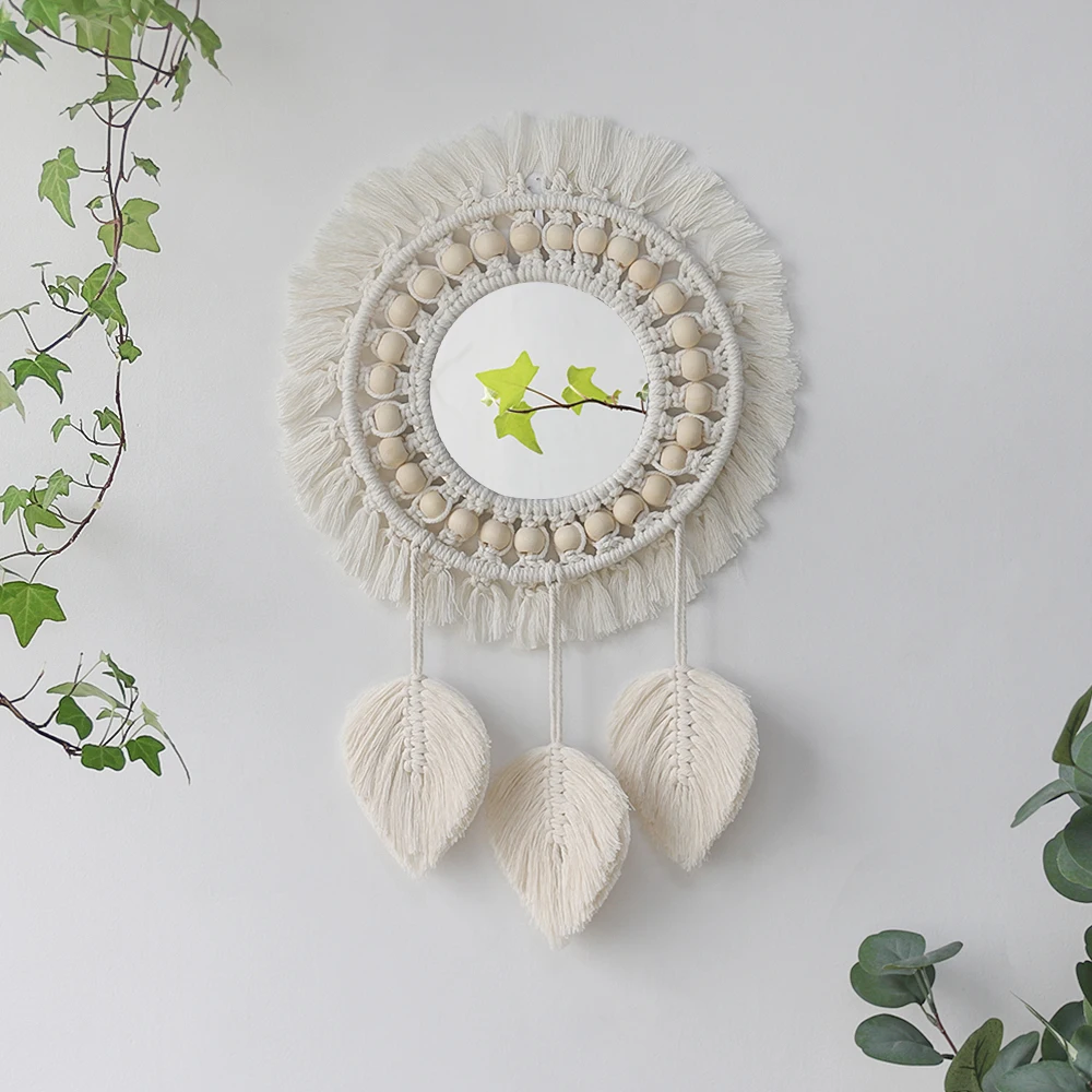 

Nordic Boho Crystal Rattan Large Round Shelf Handmade Macrame Cotton Car Mirror Wall Hanging Chic Home Room Decor Luxury, Beige